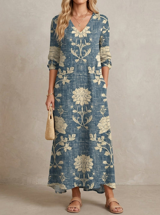 Colette · Floral Dress with V-Neck, Long Sleeves, and Pockets