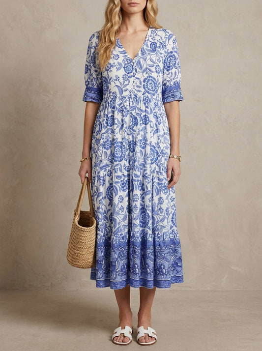 Hélène · Floral Maxi Dress with V-Neck, Light and Flowing