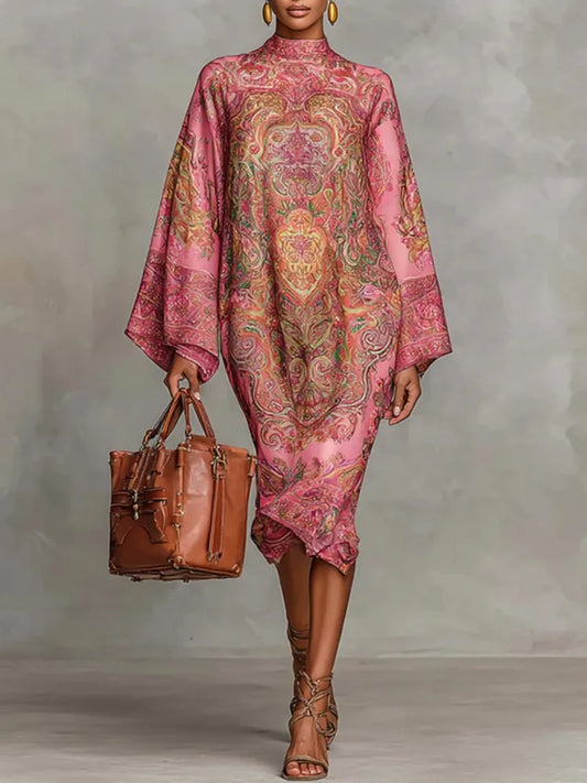Paulette · High-neck kaftan dress with artistic print