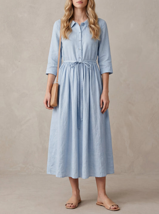 Marguerite · Blue Midi Dress with Peter Pan Collar and Adjustable Waist Tie
