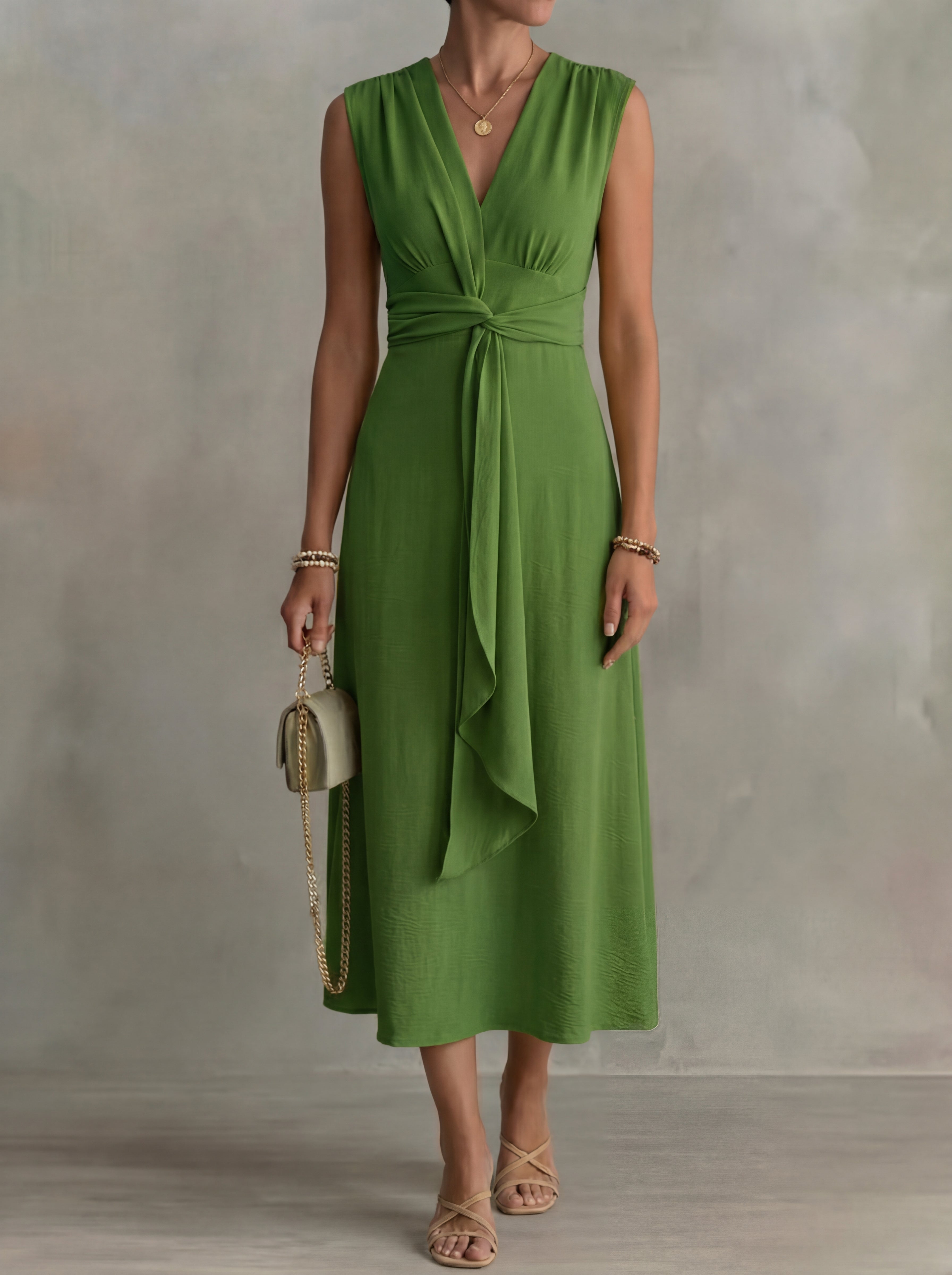 Augustine · Midi dress with thin straps and belted waist