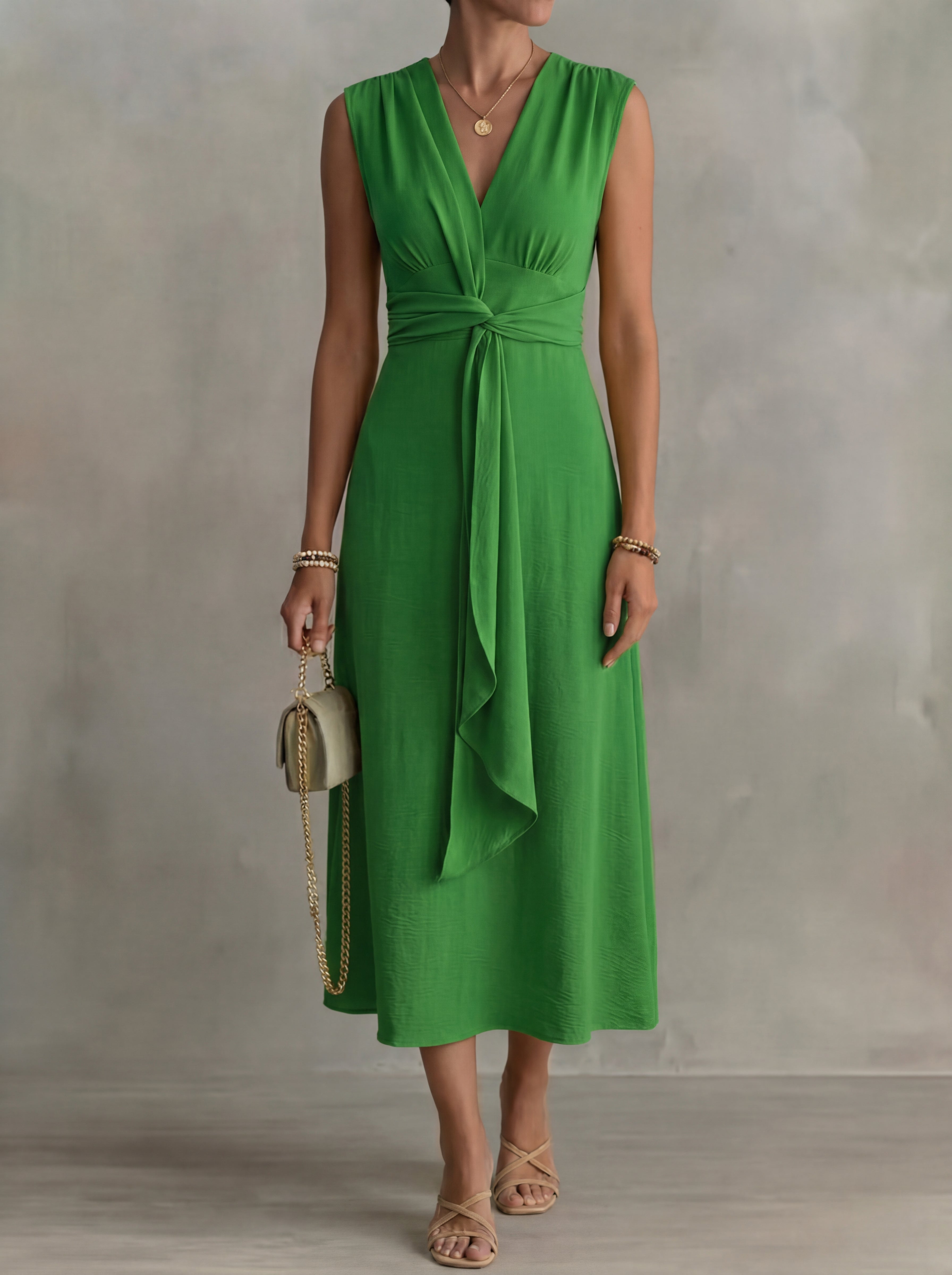 Augustine · Midi dress with thin straps and belted waist