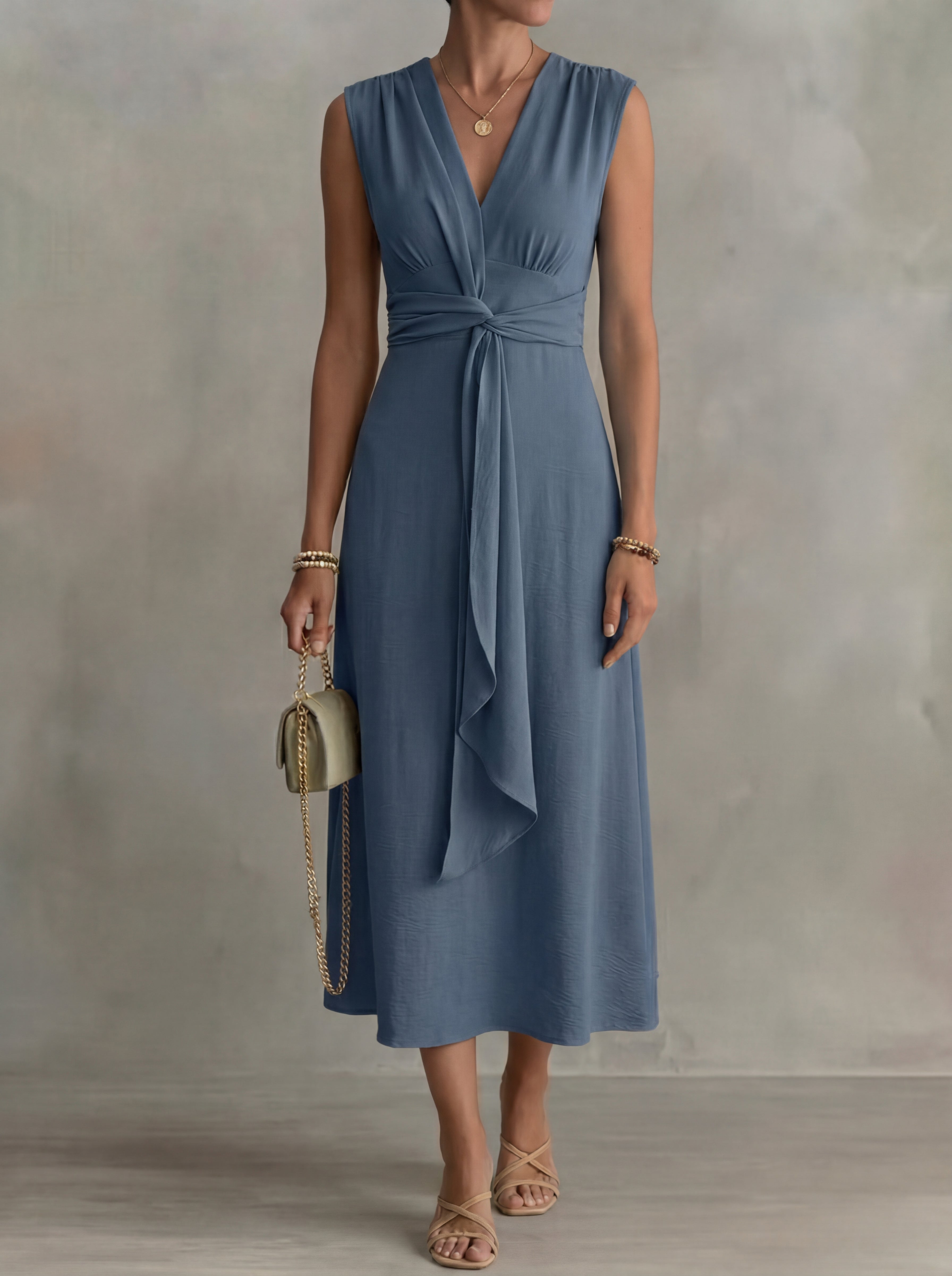 Augustine · Midi dress with thin straps and belted waist