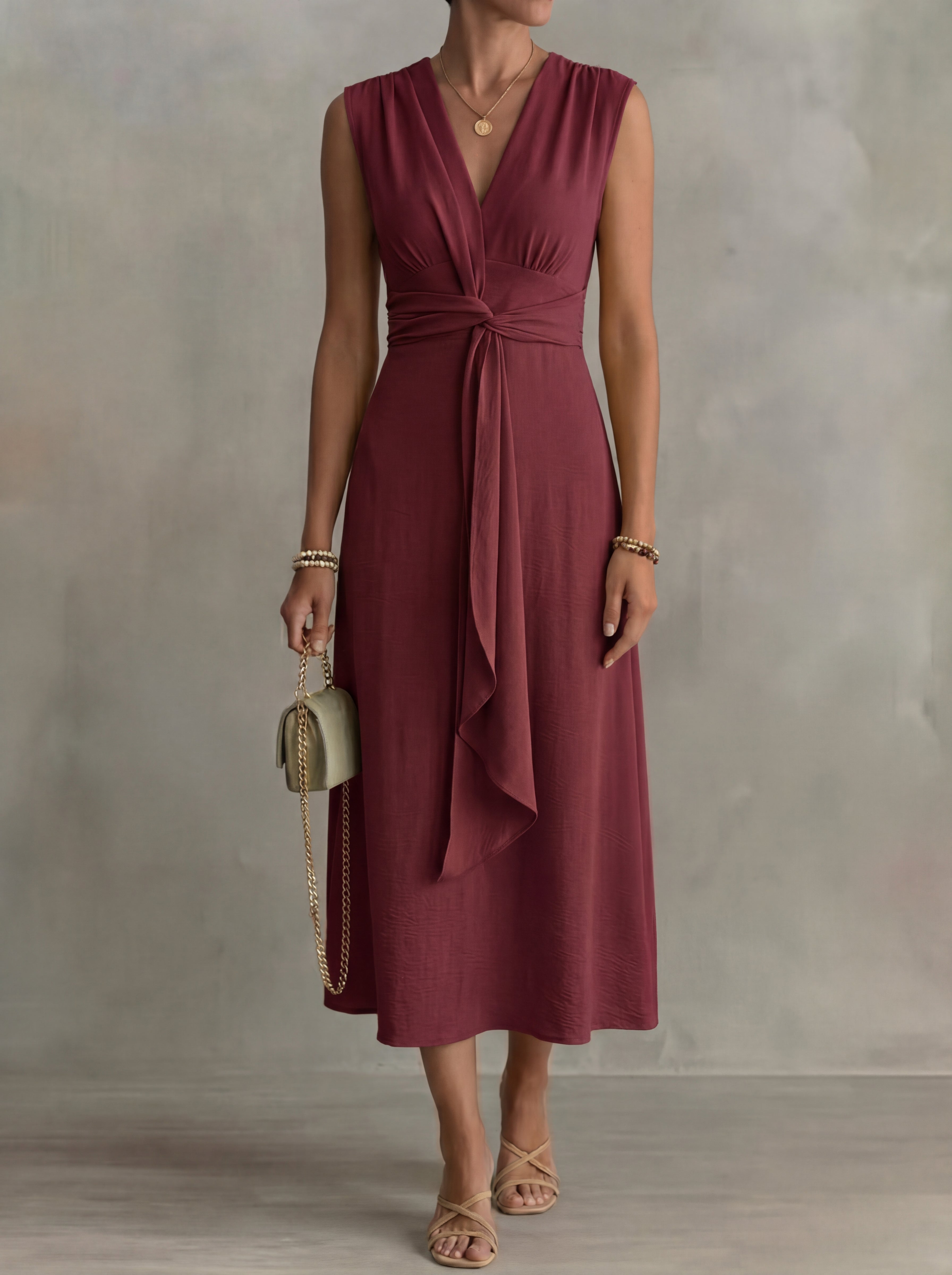 Augustine · Midi dress with thin straps and belted waist
